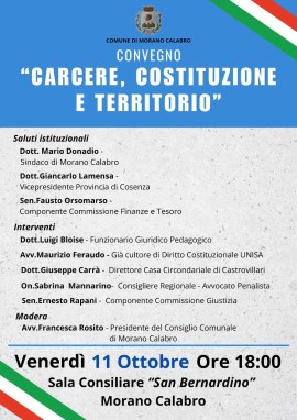 “Carcere, Costituzione e Territorio”, venerdì 11 ottobre importante convegno a Morano Calabro